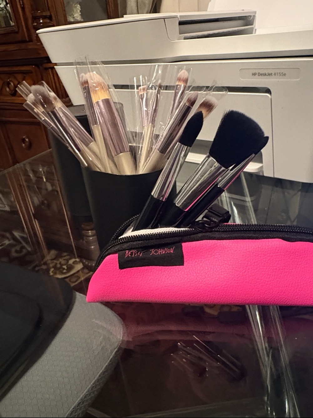 Betsey Johnson Hot Pink Brush Pouch with Assorted Makeup Brushes